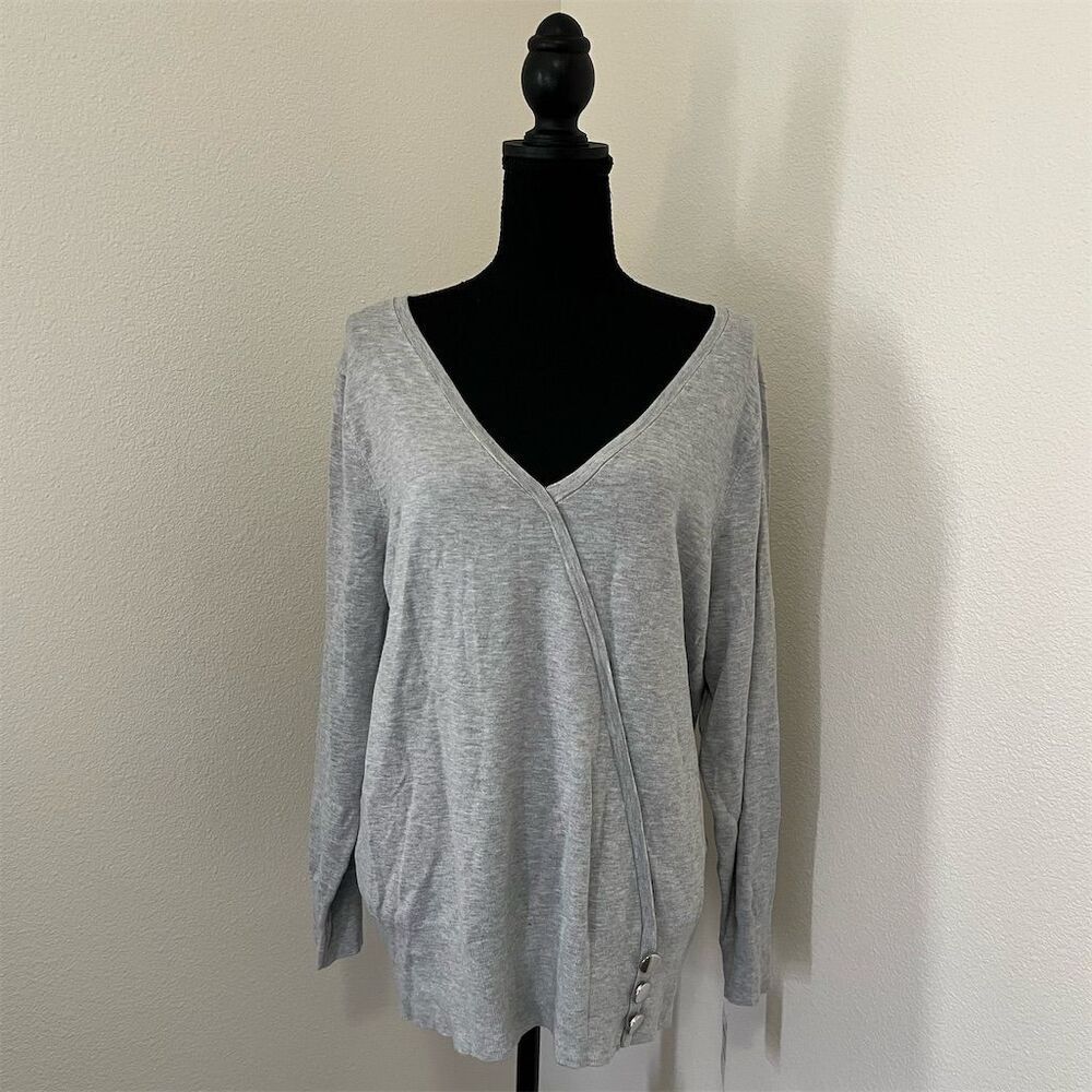 JM Collection Women's XL Gray V-Neck Faux Wrap Sweater Long Sleeve​​